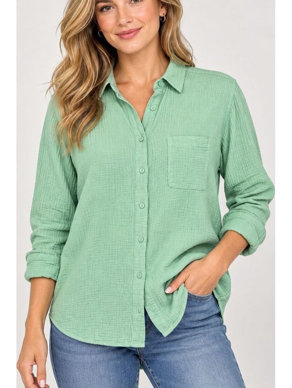 Anne Klein Jeans Green Cotton Button Down Shirt Womens L Long Sleeve